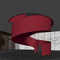Modern Hotel Lobby Interior With Red Spiral Staircase And Ceiling Lights 3d model