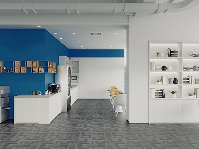 Modern Tea Room With Blue Walls White Cabinets Coffee Machine Tables And Chairs Open Design 3d model