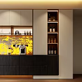 Modern Sideboard With White And Dark Cabinets Wine Rack Coffee Machine And Yellow Accent Wall
