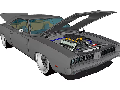Classic Gray Muscle Car With Open Hood And Detailed Engine 3d model