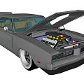 Classic Gray Muscle Car With Open Hood And Detailed Engine