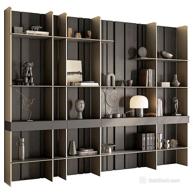 Modern Layered Bookshelf Design With Decorative Items Books And Lighting 3d model 