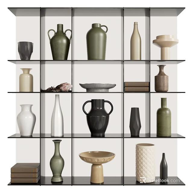 Ceramic Vessels Elegant Display On Floating Shelves With Assorted Shapes And Textures 3d model