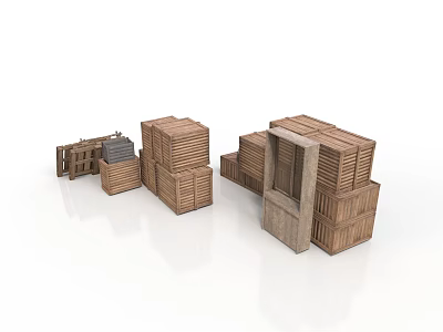 Wooden Crates Stacked in Various Sizes and Arrangements on White Surface 3d model