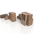 Wooden Crates Stacked in Various Sizes and Arrangements on White Surface