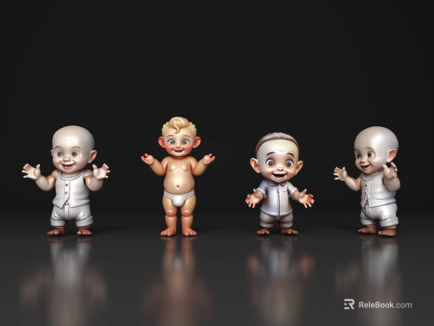 Four Smiling Baby Dolls Standing With White Outfits On Shiny Black Surface 3d model 