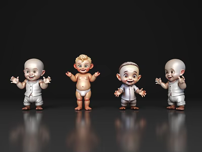 Four Smiling Baby Dolls Standing With White Outfits On Shiny Black Surface 3d model