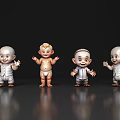 Four Smiling Baby Dolls Standing With White Outfits On Shiny Black Surface