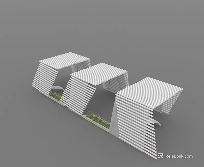 Modern White Striped Swing Door Structure With Three Units And Green Grass Base 3d model 