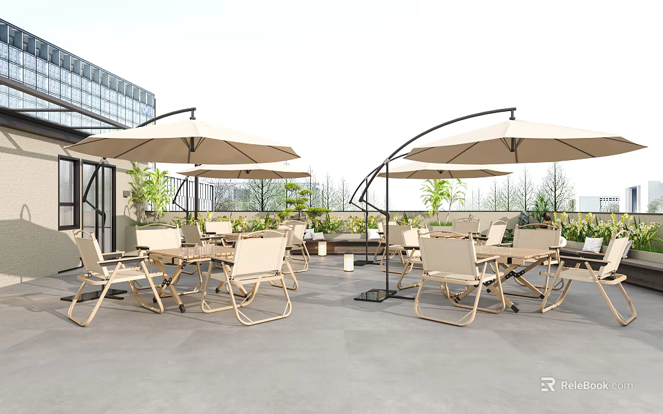 Outdoor Chairs in Patio Setting With Sun Umbrellas Green Plants and Gray Floor Tiles 3d model 