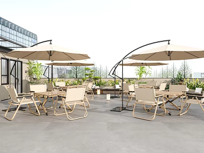 Outdoor Chairs in Patio Setting With Sun Umbrellas Green Plants and Gray Floor Tiles 3d model