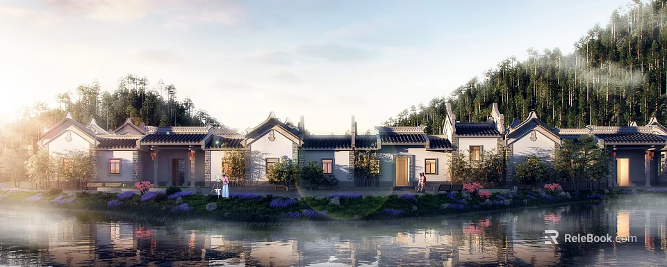 Chinese Style Detached Villa With Traditional Roof And Waterfront Garden Landscape 3d model 