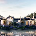 Chinese Style Detached Villa With Traditional Roof And Waterfront Garden Landscape