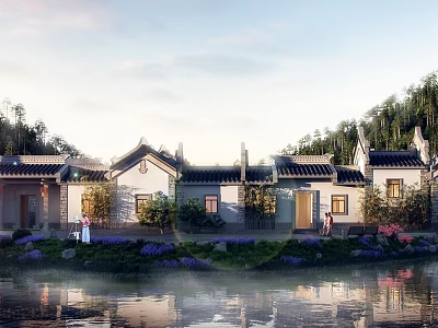 Chinese Style Detached Villa With Traditional Roof And Waterfront Garden Landscape 3d model