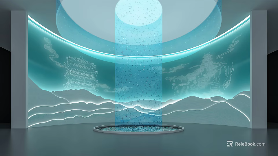 Dynamic Modern Design With Blue Curved Structures Light Column Mountain Patterns And Traditional Building Silhouettes 3d model 