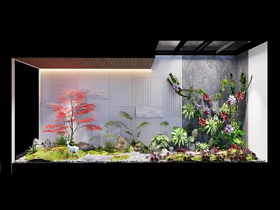 Indoor Landscape Design With Red Leaf Plants Ferns Rockery Stones And Deer Ornament 3d model