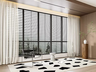 Modern Interior With Stylish Window Blinds Curtains Chair Rug And Vase 3d model