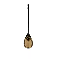 Wooden String Musical Instrument with Carved Patterns and Art Supplies on Gray Background