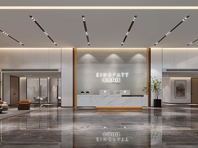 Modern Front Desk Reception Area Interior With Marble Desk Sleek Lighting And Decorative Plants 3d model