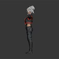 Woman with white hair wearing red black top blue jeans knee pads and arms outstretched