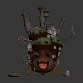 Unique Stacked Building with Green Domes Chimneys Small Houses Pipe Structures and Claw like Supports