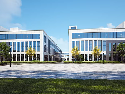 Modern Industrial Factory Building With Glass Curtain Wall Open Square And Green Landscaping 3d model