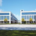 Modern Industrial Factory Building With Glass Curtain Wall Open Square And Green Landscaping