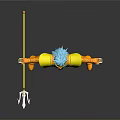 Golden Armored Character With Blue Hair Posing With Spear And Outstretched Arms