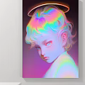 Abstract Painting Featuring Rainbow Hair Halo Blue Eyes And Colorful Gradient Soft Tones