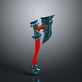 Ornate Battle Axe With Blue Metallic Head And Red Wrapped Handle Design