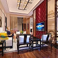 Chinese Style Clubhouse Interior With Mahogany Furniture Red Walls Chandelier And Circular Decor