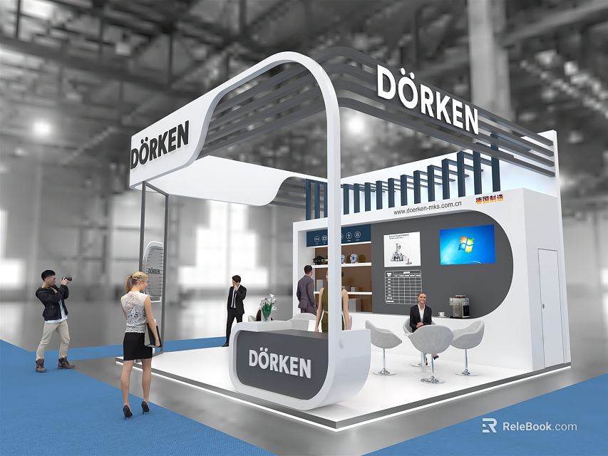 DÖRKEN Exhibition Booth Featuring Curved Roof Display Area Digital Screen Tables Chairs And People Visiting 3d model 