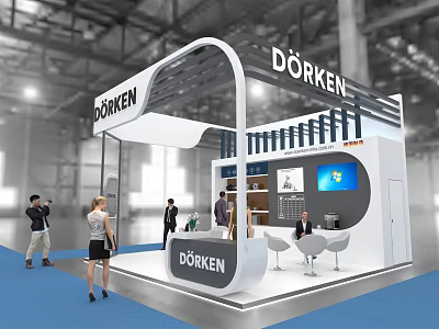 DÖRKEN Exhibition Booth Featuring Curved Roof Display Area Digital Screen Tables Chairs And People Visiting 3d model