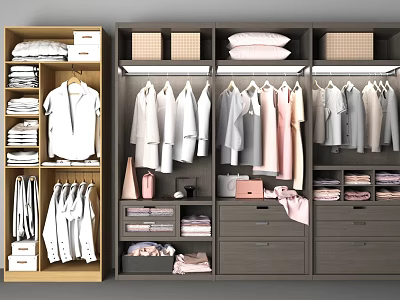 Organized Closet Space With Hanging Clothes Folded Items Drawers And Storage Shelves 3d model