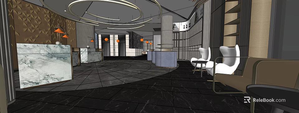 Modern Hotel Lobby Interior Design With Circular Ceiling Lights And Elegant Seating 3d model