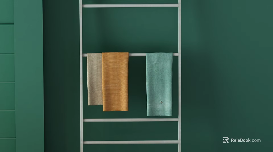 Beige Orange And Light Green Towels Hanging On Metal Rack Against Green Wall 3d model 