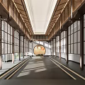Elegant Clubhouse Interior With Wooden Lattice Windows Spacious Corridor Ceiling Beams And Elevator