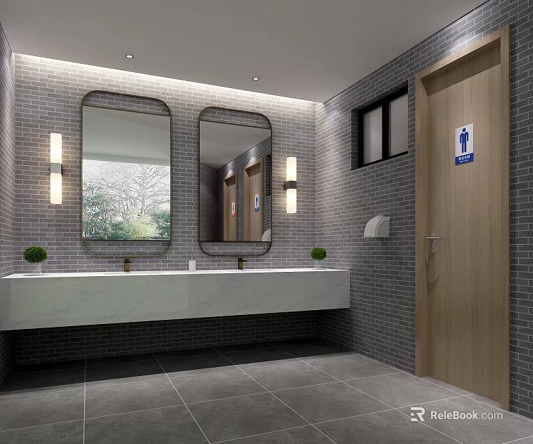 Modern Public Restroom Design With Double Mirrors Washbasin Green Plants And Tiled Walls 3d model 