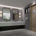 Modern Public Restroom Design With Double Mirrors Washbasin Green Plants And Tiled Walls