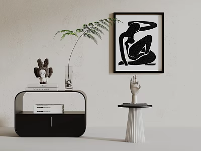 Black Bedside Table with Plant Books Decor Near White Table Sculpture Black White Abstract Painting 3d model