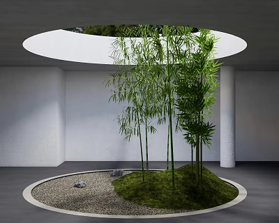 Modern Courtyard Garden With Circular Opening Bamboo Plants Moss Stones White Walls And Gray Floor 3d model