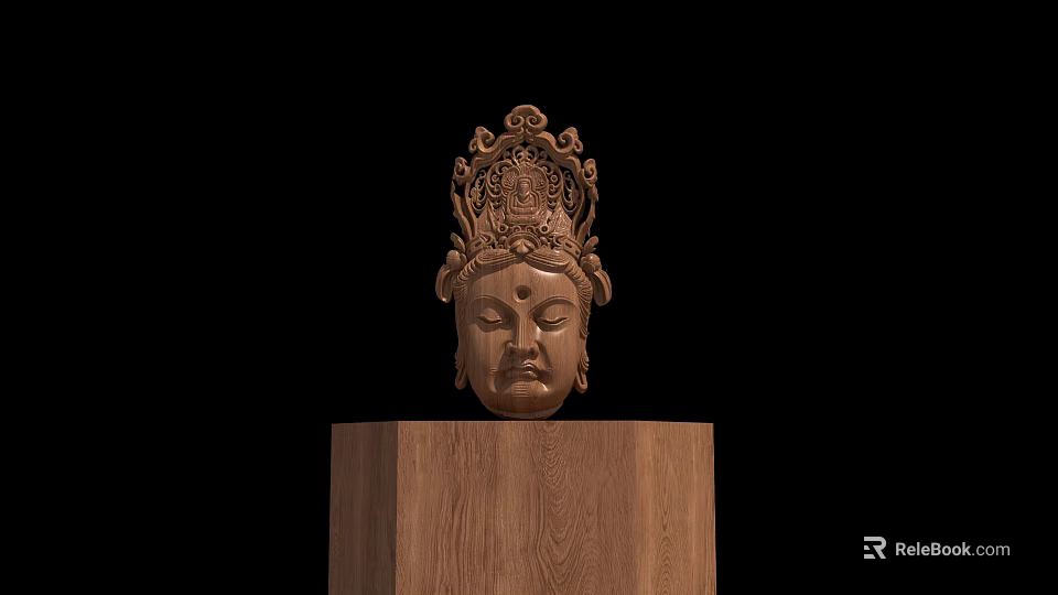 Exquisite Wooden Buddha Head Sculpture Featuring Intricate Carving On Pedestal 3d model 