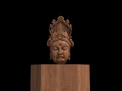 Exquisite Wooden Buddha Head Sculpture Featuring Intricate Carving On Pedestal 3d model