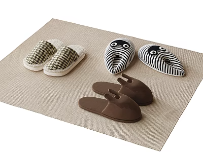 Different Styles Of Checkered Striped And Brown Slippers With Eye Pattern On Beige Mat 3d model