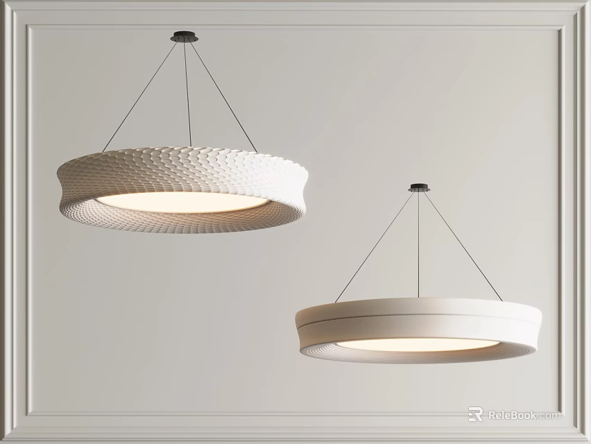 Modern Interior Design With Two White Round Textured Pendant Lights Hanging From Ceiling 3d model 