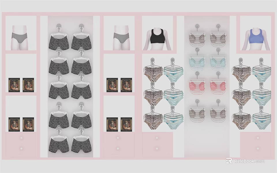Pink Fashion Background Wall Featuring Hanging Bras And Underwear In Various Styles 3d model 