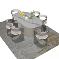 Modern Oval White Dining Table with Six Brown Chairs Adorned with Lemons and Green Plant