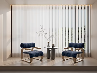 Modern Leisure Sofa Set With Blue Chairs Wooden Frame Small Round Table And Blinds Background 3d model