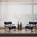 Modern Leisure Sofa Set With Blue Chairs Wooden Frame Small Round Table And Blinds Background