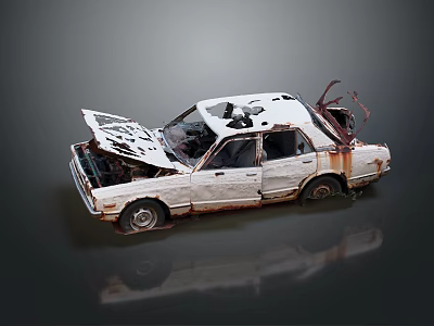 Rusted Old Car With Damaged Body And Open Hood On Dark Background 3d model